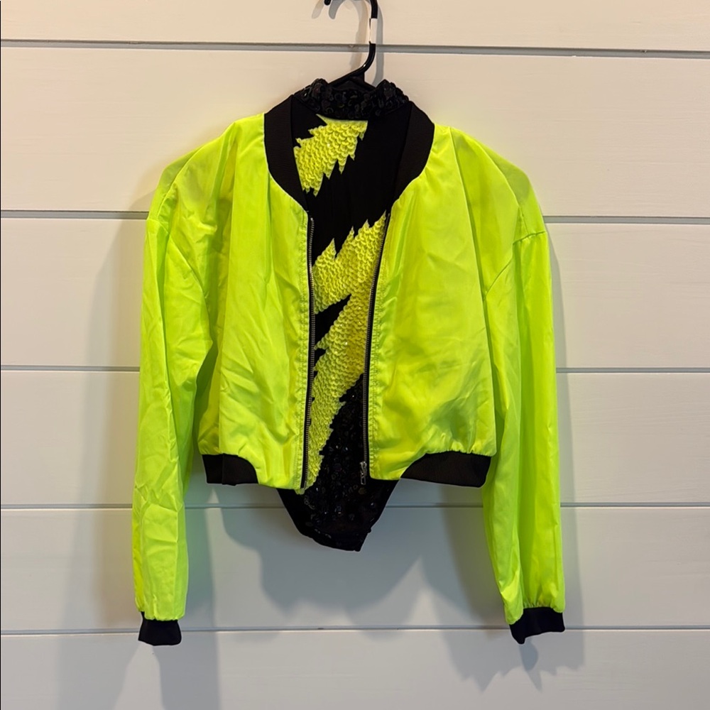 Glamour Neon Yellow and Black Dance leotard with Bomber Jacket Costume
